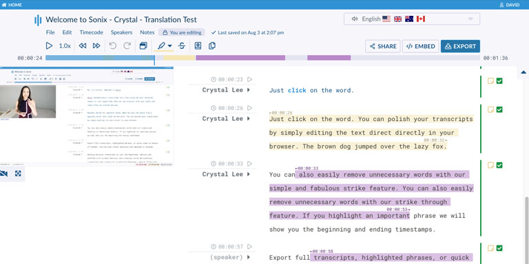 Use o AudioText Editor do Sonix para refinar sua transcrição em English