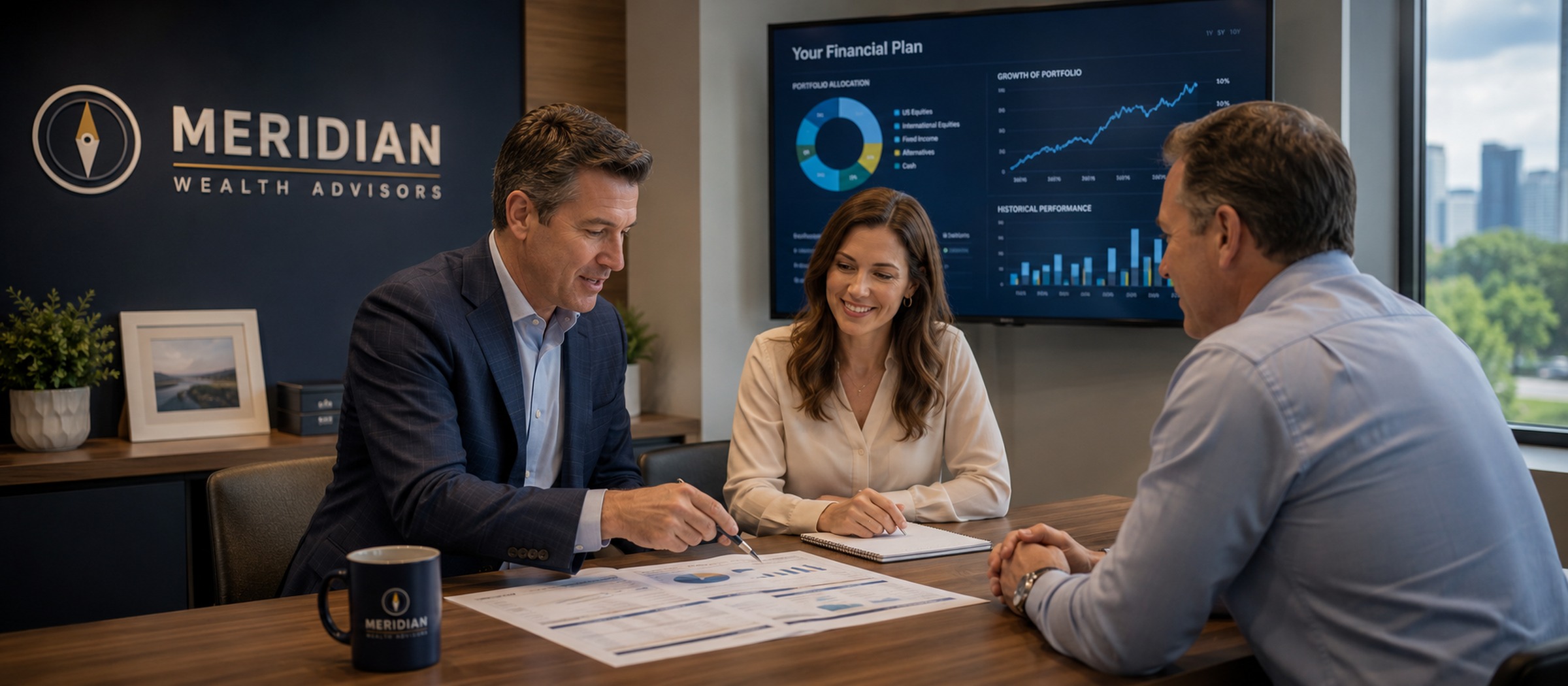 Financieel adviseur die zich concentreert op een evaluatiegesprek met een klant terwijl Sonix het gesprek vastlegt
