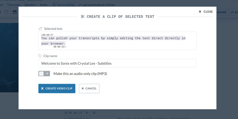 Create shareable video clips in Sonix