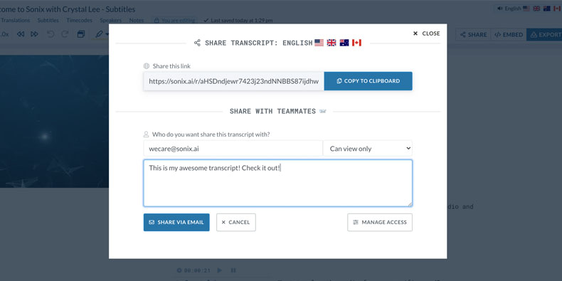 Create shareable links for transcripts