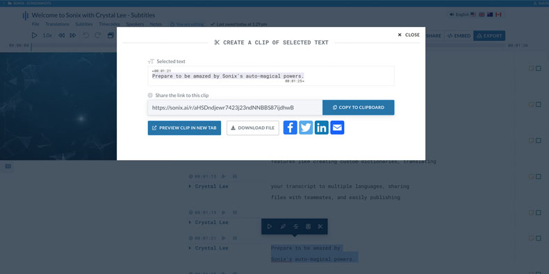Share clips and transcripts on social media