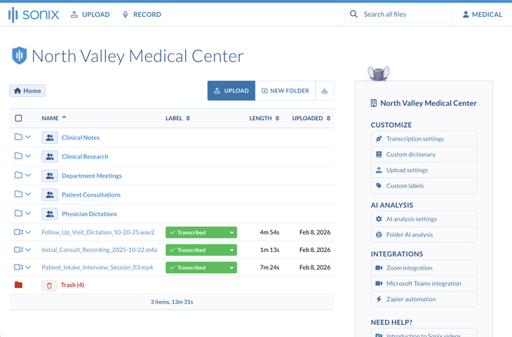Sonix medical transcription editor showing HIPAA-compliant interface with speaker identification and medical terminology