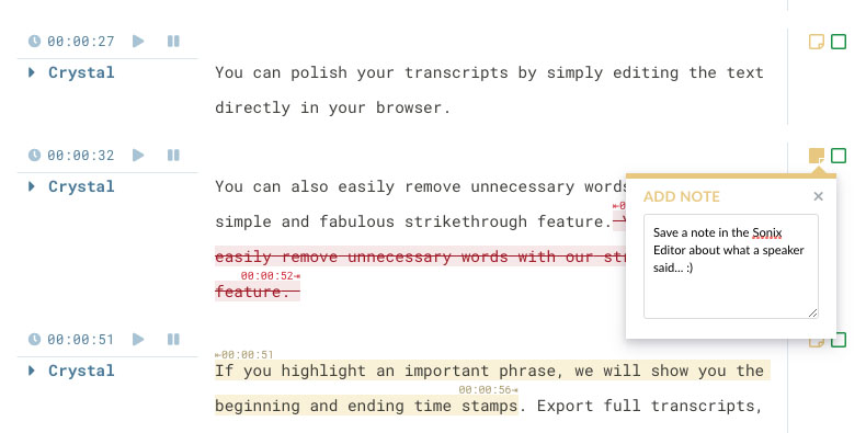 Notes and commenting in Sonix transcript