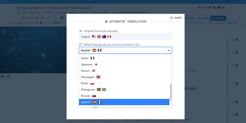 Sonix translation language selection showing 54+ supported languages